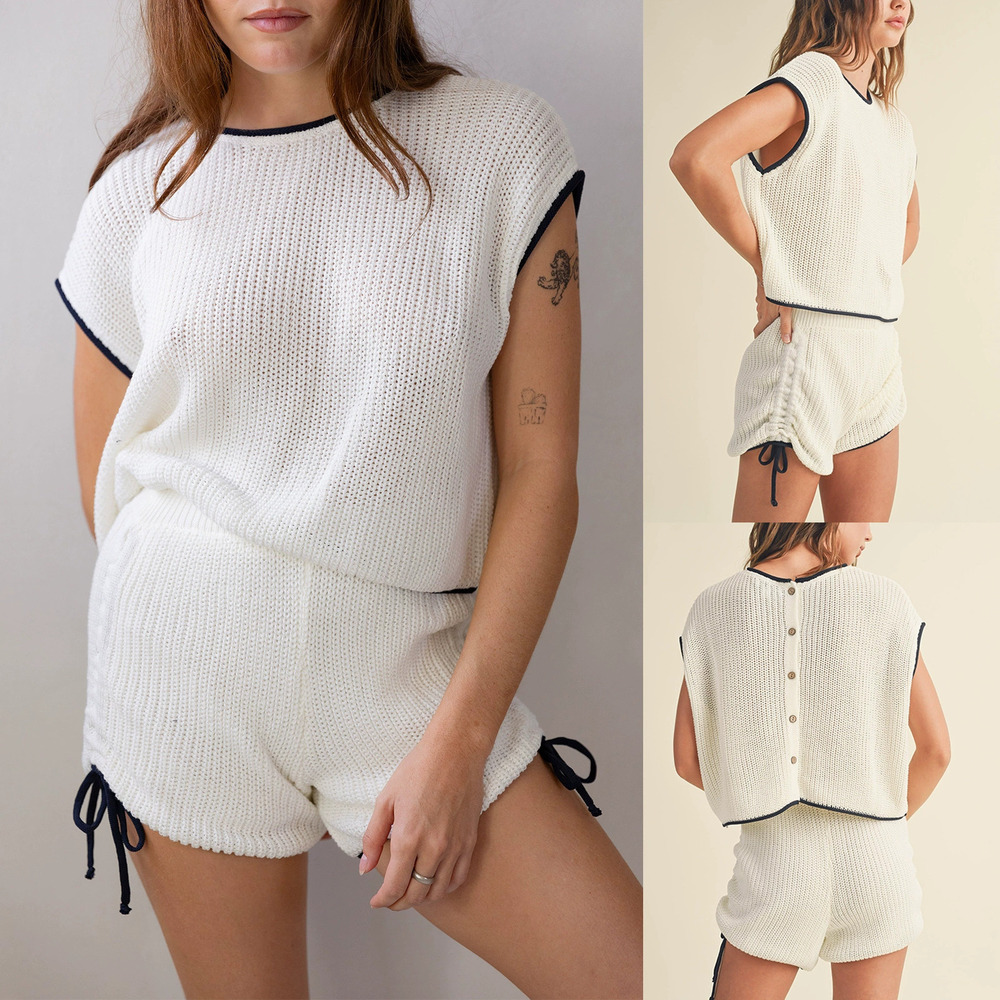 ZARA Womens Summer Knit Set Chic Loose Round Neck Top Tie High Waist Shorts